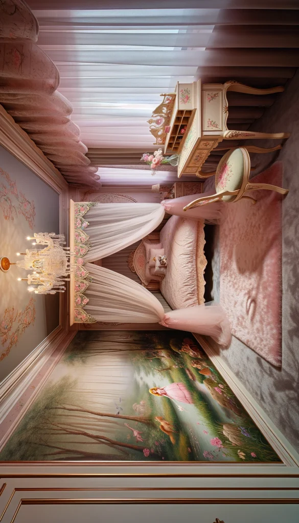A fairy-tale princess-themed bedroom designed for a young girl. The room features a canopy bed with delicate, flowing pink curtains. The walls are adorned with murals of enchanted forests and mythical creatures. There's a small, ornate wooden desk with a matching chair, decorated with floral patterns. Soft, plush carpeting in a light shade covers the floor, and a crystal chandelier hangs from the ceiling, providing a magical glow. The overall atmosphere is dreamy and whimsical.