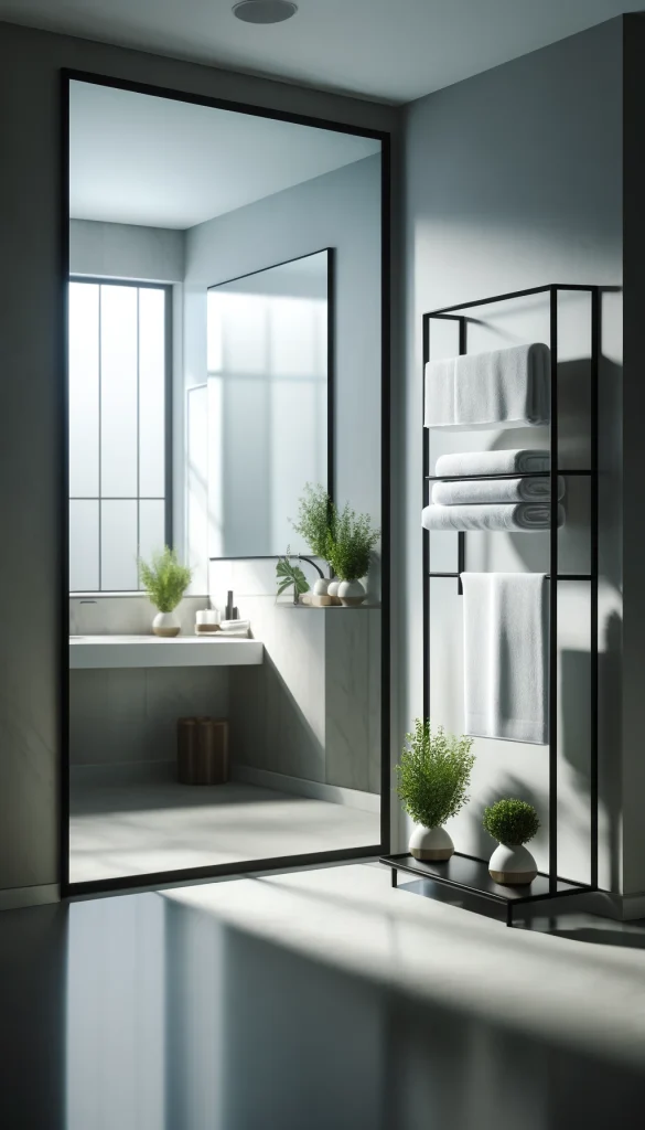 A vertical image of a modern bathroom featuring a sleek black towel rack adorned with plush white towels and small potted green plants. The room is characterized by a minimalist design with clean lines, white walls, and a large mirror reflecting a serene atmosphere. The setting is illuminated by soft, natural light streaming through a frosted glass window, enhancing the calm and clean aesthetic of the space.