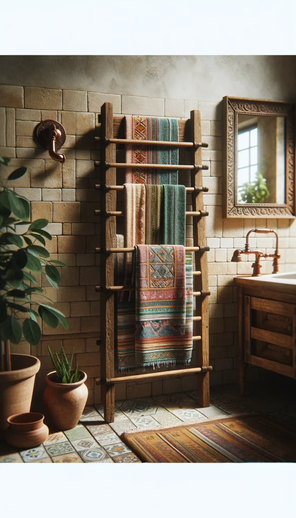 A vertical image of a rustic bathroom setting with a wooden towel rack. The rack is decorated with colorful, patterned towels. The bathroom features natural stone tiles and a vintage copper faucet. Plants in terracotta pots add a touch of greenery, and there's a small, framed artwork on the wall, creating a warm and inviting atmosphere. This scene is captured in soft, warm lighting that highlights the textures of the wood and stone.