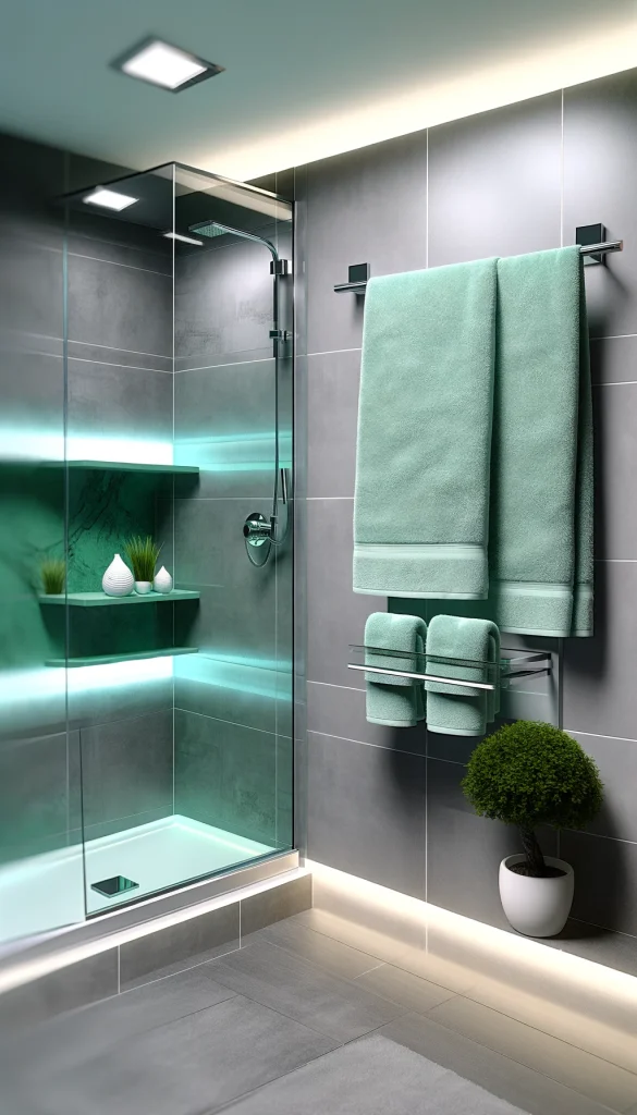 A vertical image of a contemporary bathroom with a glass towel rack filled with fluffy sea-green towels. The bathroom features sleek grey tiles, a clear glass shower enclosure, and modern fixtures. A small bonsai tree sits on a floating shelf, adding a touch of nature. The room is illuminated by LED strip lighting under the cabinet, giving a modern and sophisticated look. The overall color scheme is grey, green, and white, emphasizing a clean, spa-like environment.