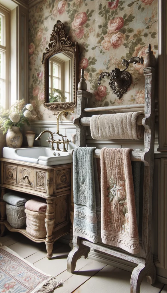 A vertical image of a French country style bathroom with a distressed wooden towel rack. The rack holds soft pastel-colored towels. The bathroom features floral wallpaper, an antique wooden vanity with a porcelain basin, and ornate metal faucets. A small chandelier hangs from the ceiling, and the floor is covered with a vintage patterned rug. The atmosphere is cozy and charming, with a touch of rustic elegance.