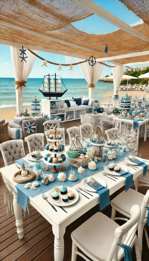 A nautical-themed bridal shower setup by the beach. The decorations include blue and white color schemes, seashells, starfish, and nautical ropes. The tables are set with white linens, navy blue napkins, and small ship models as centerpieces. There is a beachside lounge area with comfortable seating and a dessert table featuring ocean-themed treats like cupcakes with seashell toppers.