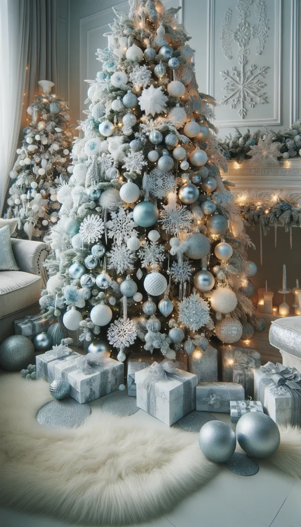 An elegant Christmas tree decorated in a frosty winter wonderland theme. The tree features white and silver ornaments, snowflake decorations, and icy blue baubles. Soft white lights and silver tinsel add a frosty glow. The base of the tree is surrounded by gifts wrapped in silver and white paper with winter patterns. The setting includes a cozy living room with white and silver decor, a faux fur rug, and a magical holiday atmosphere, creating a serene and elegant winter wonderland scene.