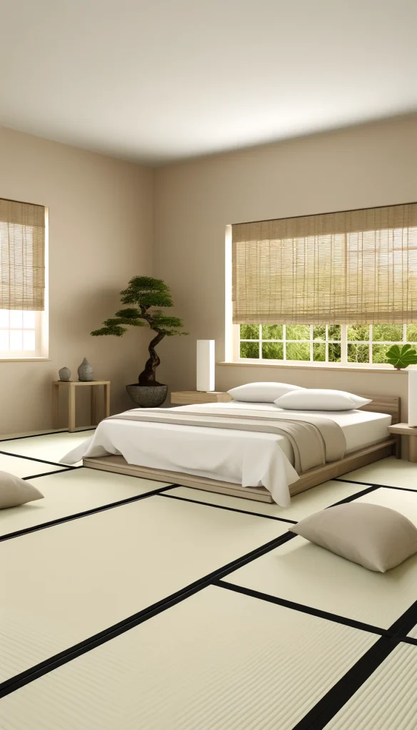 A calming woman's bedroom with a Zen-inspired design. The room features a low platform bed with white and beige bedding, creating a serene and peaceful atmosphere. The walls are painted a soft, neutral color, and there are large windows with bamboo blinds allowing natural light to fill the space. A simple, elegant bonsai tree sits on one of the nightstands, while the other holds a minimalist lamp. The floor is covered with tatami mats, and there is a small meditation area with cushions and a low table. The room is decorated with natural elements like stones, plants, and wooden accents.