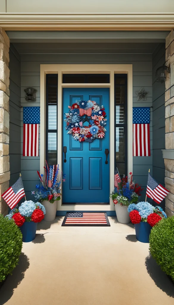 A patriotic front door decorated for the 4th of July. The door is painted a bold blue, adorned with an American flag-themed wreath featuring red, white, and blue ribbons and stars. Flanking the door are planters filled with red, white, and blue flowers. A doormat with a patriotic design welcomes visitors, and small American flags are placed in the planters and along the steps, creating a festive and patriotic atmosphere.