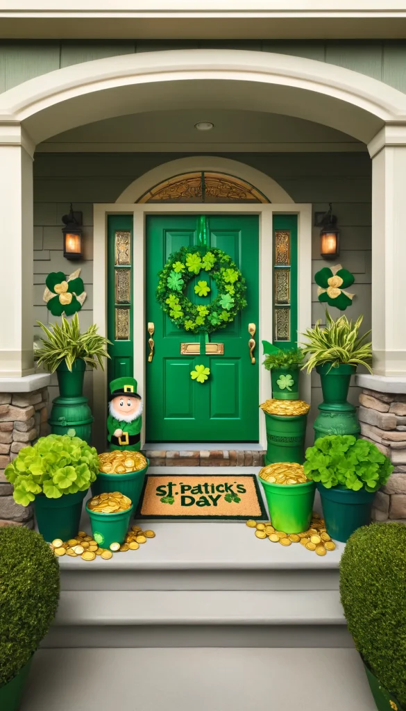 A front door decorated for St. Patrick's Day. The door is painted a bright green and adorned with a shamrock wreath. Flanking the door are pots of gold coins and potted green plants. The steps are decorated with leprechaun figurines, and a doormat with a St. Patrick's Day greeting completes the festive scene, creating a cheerful and lucky atmosphere.
