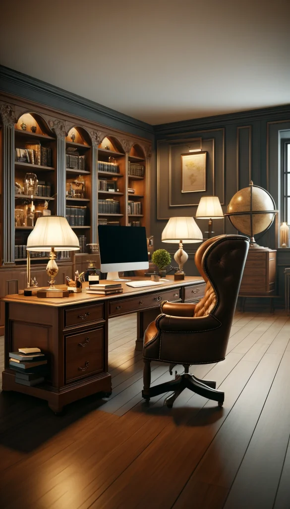 A sophisticated home office with a classic design, featuring a large mahogany desk, a high-back leather chair, a desktop computer, and ambient lighting from elegant lamps. The room has built-in bookshelves filled with books, a globe, and a few pieces of traditional artwork.