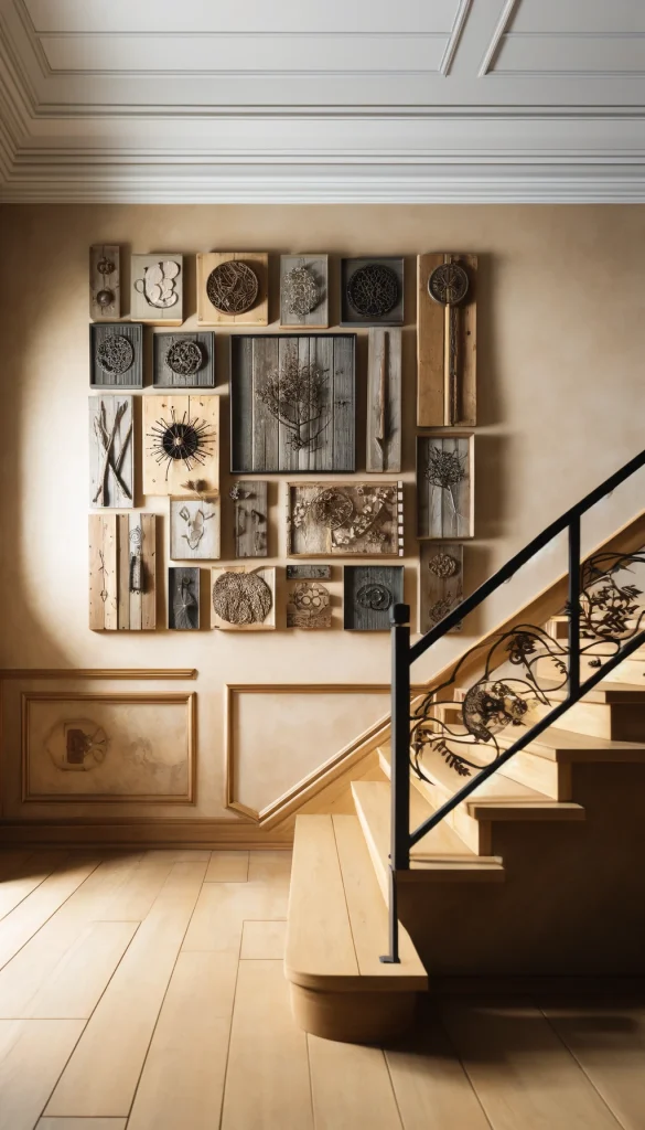 A rustic chic staircase wall decorated with reclaimed wood art pieces and metal accents. The wall is painted in a warm beige color, and the staircase features wooden steps with a wrought iron railing.