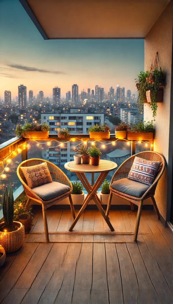 A cozy balcony with a small wooden table, two rattan chairs with cushions, potted plants, and fairy lights, set against a cityscape at dusk.
