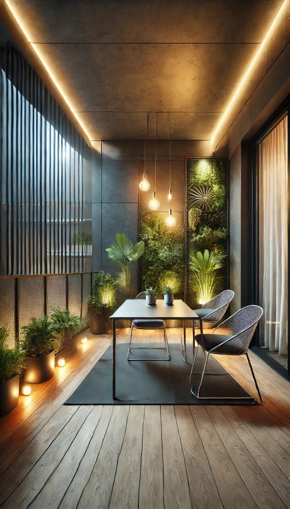 A modern balcony with a sleek metal table, minimalist chairs, vertical garden on the wall, and ambient string lights for an elegant evening setting.