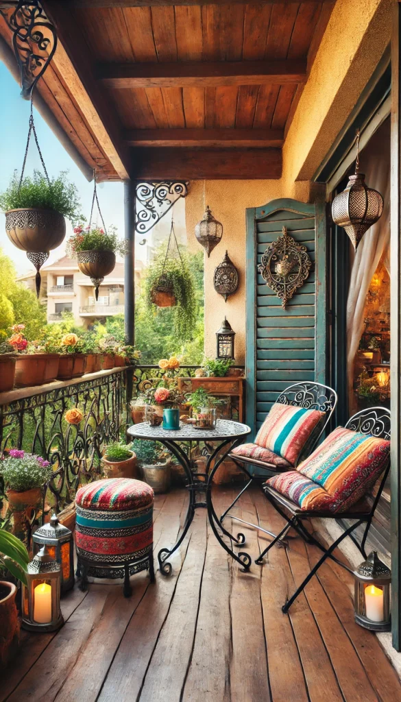 A charming balcony decorated with vintage furniture, a wrought iron table and chairs, colorful cushions, hanging plants, and lanterns for a rustic look.
