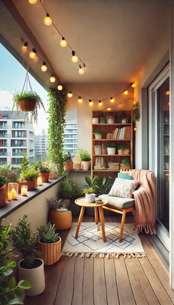 A small balcony with a cozy reading nook, featuring a comfortable chair, a small side table with books, a blanket, potted plants, and string lights for a serene atmosphere.