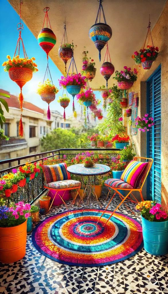 A vibrant balcony with colorful chairs, a mosaic table, hanging flower baskets, and a bright outdoor rug, creating a cheerful and lively atmosphere.