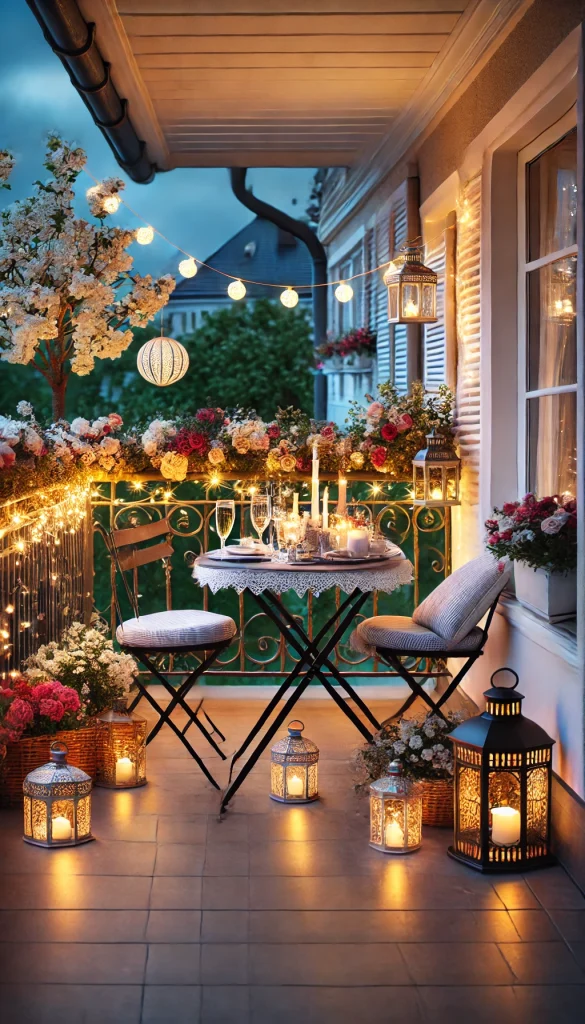 A romantic balcony with a bistro table set, twinkling fairy lights, candle lanterns, and blooming flowers, creating a perfect setting for an intimate dinner.