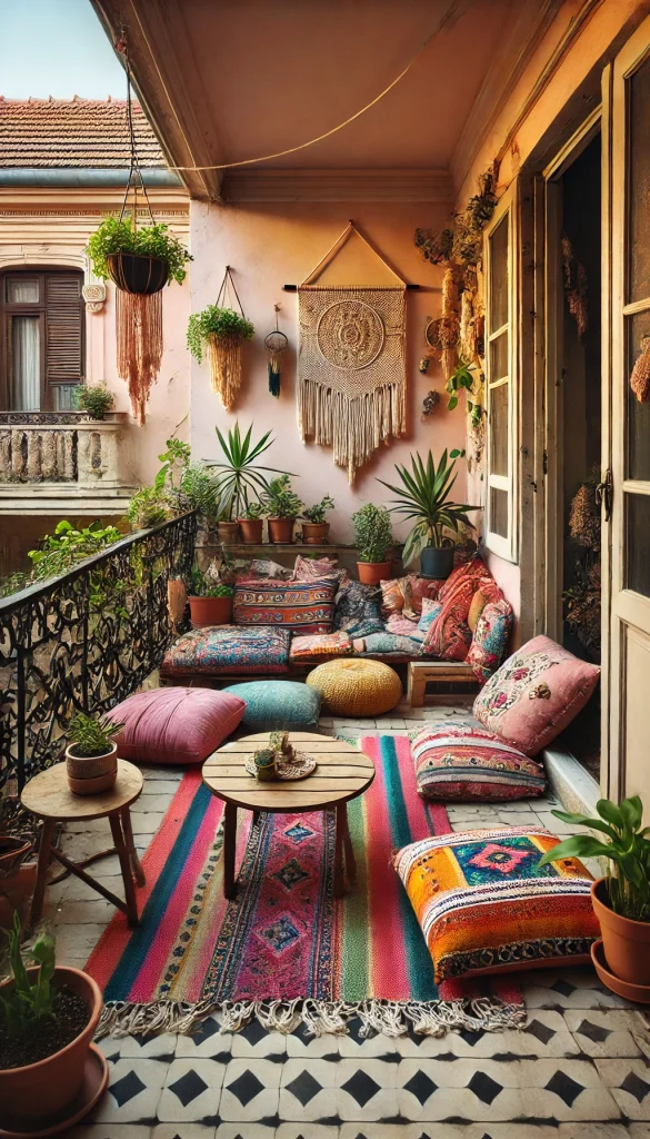 A bohemian balcony with colorful textiles, floor cushions, a low wooden table, macramΓ© wall hangings, and potted plants, creating a relaxed and eclectic vibe.