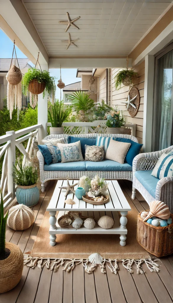 A beach-themed balcony with white wicker furniture, blue cushions, a driftwood coffee table, seashell decorations, and tropical plants.