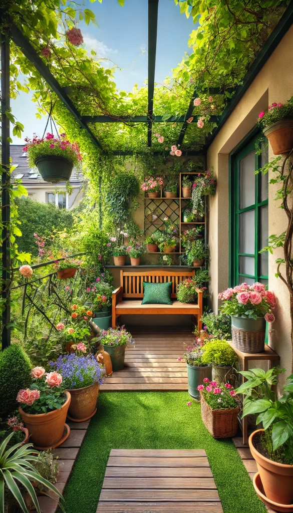 A garden balcony with a wooden bench, a variety of potted flowers, climbing vines, and a small fountain, creating a lush and serene outdoor space.