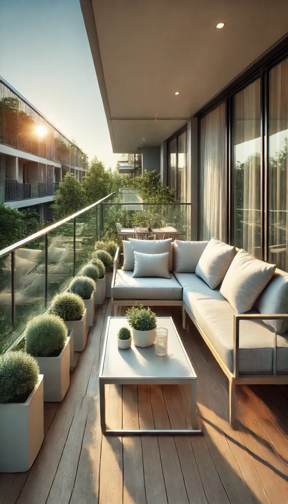 A modern balcony with glass railing, outdoor sofa with white cushions, sleek coffee table, and potted succulents.