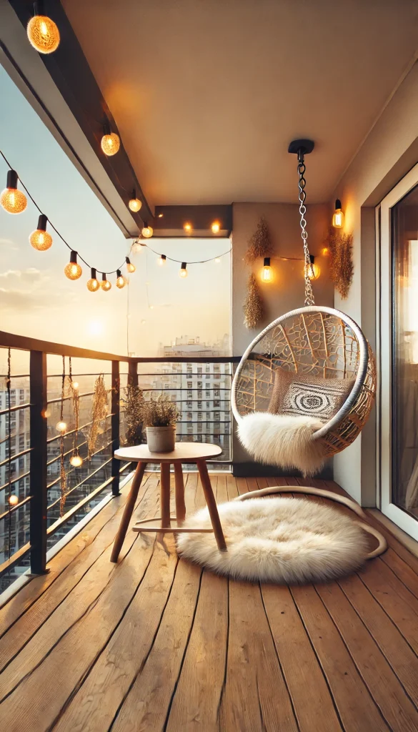 A cozy balcony with a hanging chair, a small round table, a fluffy rug, and string lights, creating a perfect spot for relaxation.