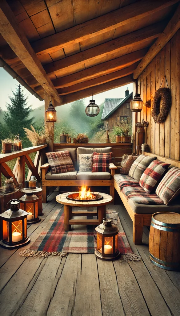 A rustic balcony with wooden furniture, plaid cushions, a small fire pit, and lanterns, creating a warm and inviting atmosphere.