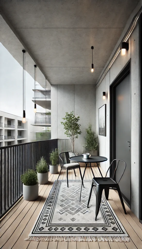 A minimalist balcony with a black metal table and chairs, a simple outdoor rug, and a few potted plants for a clean and modern look.