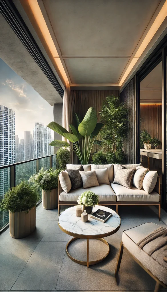 A luxurious balcony with a plush sofa, a marble coffee table, elegant cushions, and tall potted plants, offering a sophisticated outdoor lounge.