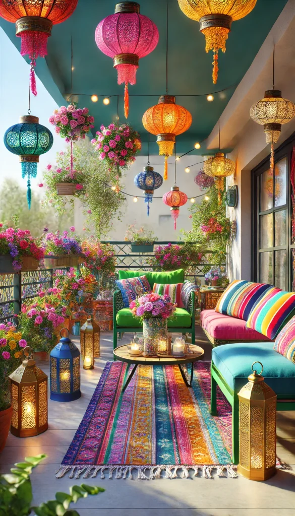 A colorful balcony with vibrant furniture, a patterned outdoor rug, hanging lanterns, and a variety of blooming flowers for a lively and energetic space.