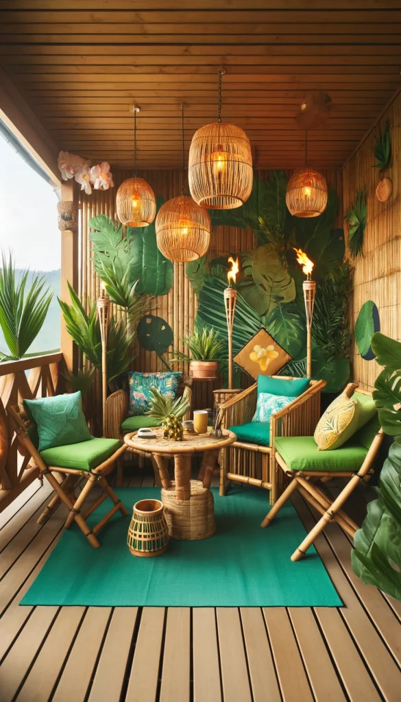 A tropical-themed balcony with bamboo furniture, bright green cushions, hanging palm leaves, and tiki torches, creating a fun and exotic atmosphere.