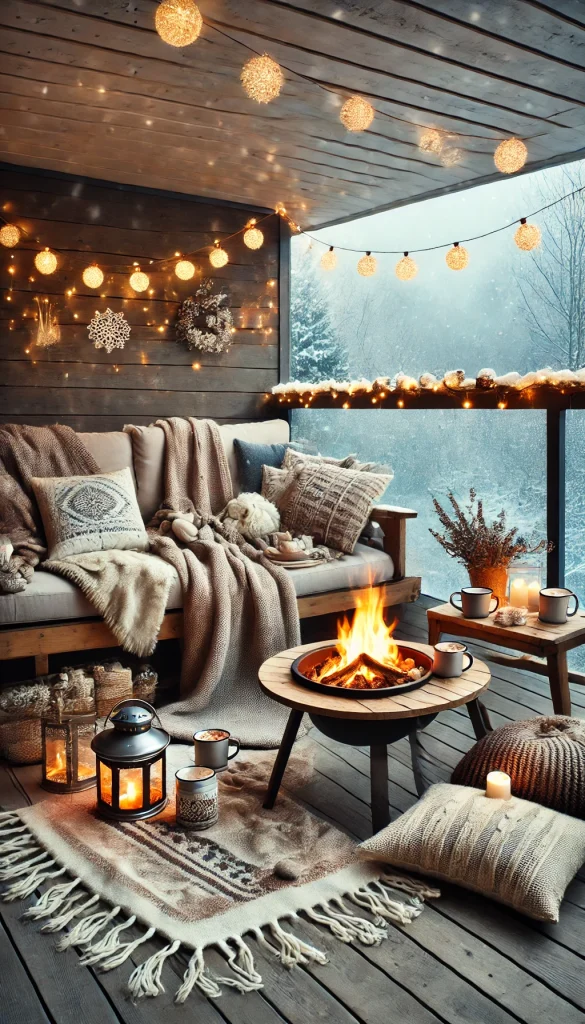 A winter-themed balcony with cozy blankets, a fire pit, hot cocoa mugs on a wooden table, and string lights, creating a warm and inviting space in the cold.