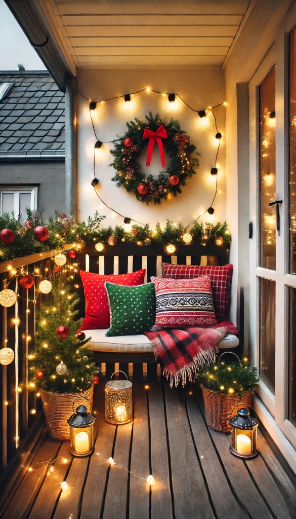 A festive balcony decorated for the holidays with fairy lights, a small Christmas tree, red and green cushions, and a wreath on the wall.