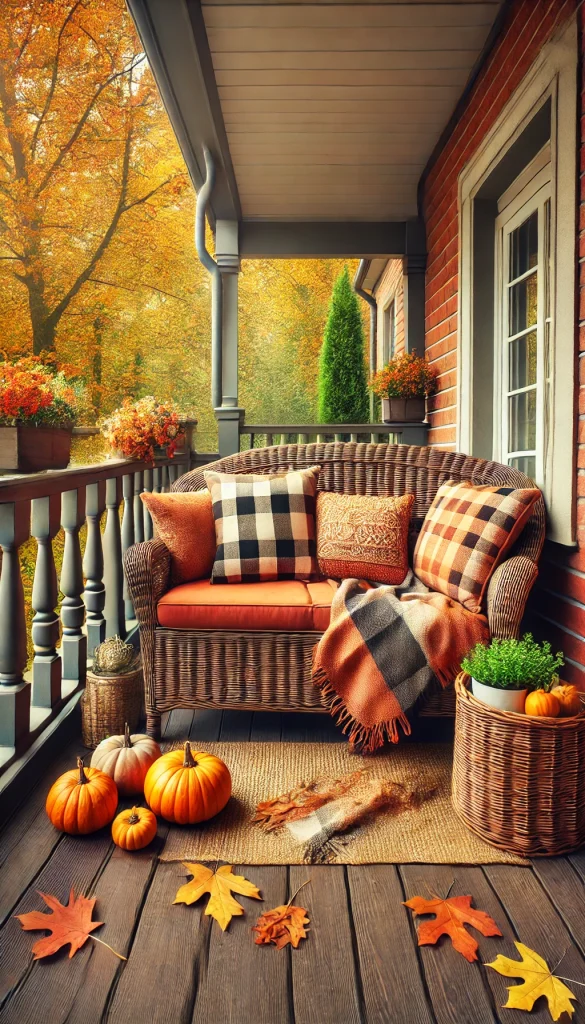 A cozy autumn balcony with a wicker loveseat, orange and brown cushions, a plaid throw blanket, and pumpkins.