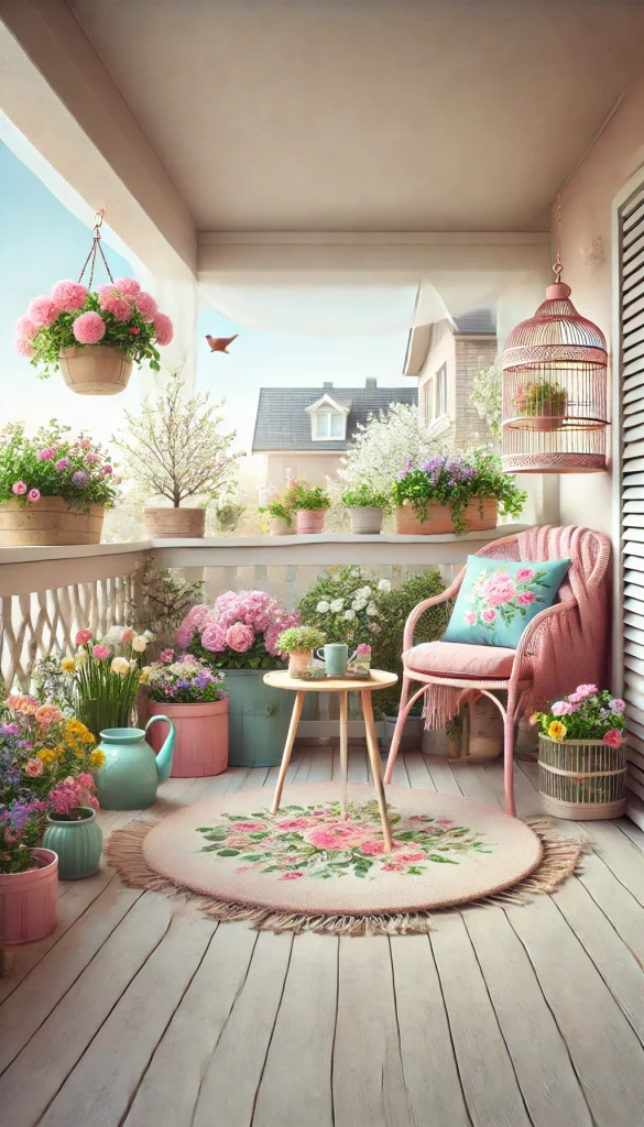 A spring-themed balcony with pastel-colored furniture, a floral rug, blooming flowers in pots, and a birdcage for a fresh and lively atmosphere.