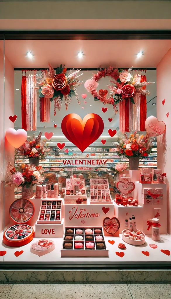 A Valentine's Day window display with heart-shaped decals, red and pink streamers, and a display of love-themed products like chocolates and flowers. The display is eye-catching and festive.