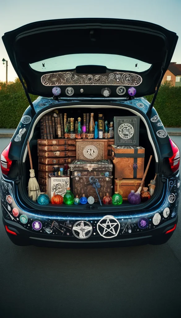 A trunk or treat car decorated with a wizarding world theme. The car trunk is open and features spell books, potion bottles, magic wands, and mystical symbols. The car is decorated with dark, mysterious colors and glowing magical runes, creating an enchanting and magical atmosphere perfect for Halloween.