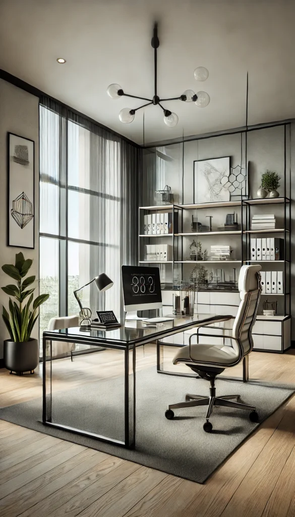 A modern professional office with sleek, minimalist decor. The room features a large glass desk with a high-end computer setup, an ergonomic chair, and a stylish bookshelf filled with books and decorative items. The walls are painted in a soft neutral color, adorned with contemporary art pieces. A large window allows natural light to flood the room, enhancing the clean and organized atmosphere. Indoor plants are strategically placed to add a touch of greenery.