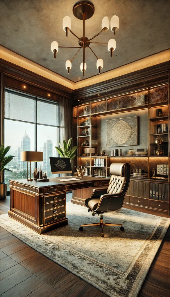 A professional office setup with a luxurious feel. The room features a large wooden desk with an elegant design, a high-end leather chair, and a matching bookshelf. The decor includes gold accents and sophisticated artwork on the walls. The office has a panoramic window with a cityscape view, allowing plenty of natural light. A plush rug and strategically placed indoor plants complete the look, creating an atmosphere of elegance and productivity.