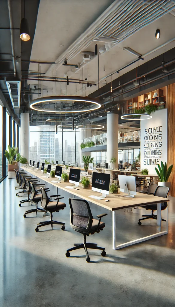 A contemporary office space designed for creativity and collaboration. The room features an open layout with several workstations, each equipped with modern computers and ergonomic chairs. The walls are painted with vibrant colors and have inspiring quotes framed as wall art. There is a large communal table in the center for team meetings, surrounded by comfortable seating. Natural light pours in from large windows, and potted plants add a fresh touch to the environment.