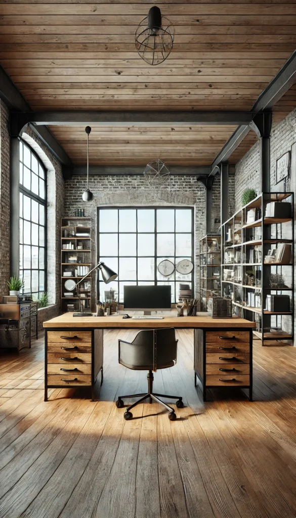 A modern office with an industrial design. The room features exposed brick walls, metal furniture, and wooden elements. The desk is made of reclaimed wood with metal legs, paired with a sleek office chair. There are industrial-style shelves filled with books and decor items. Large windows with black frames let in ample natural light. The room is accented with metal light fixtures and indoor plants, creating a stylish and functional workspace.