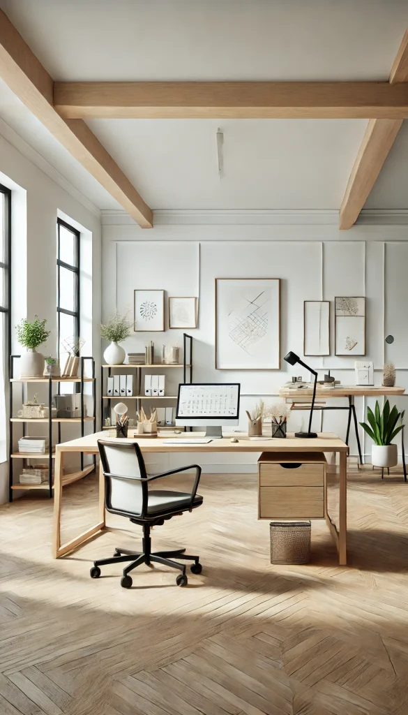 A professional office space with a Scandinavian design. The room features a light color palette with white walls and natural wooden furniture. The desk is simple and functional, paired with a comfortable office chair. There are minimalist shelves with books and decor items, and a few framed pieces of modern art on the walls. The large windows allow plenty of natural light to brighten the room. A few green plants add a touch of nature to the clean and organized space.