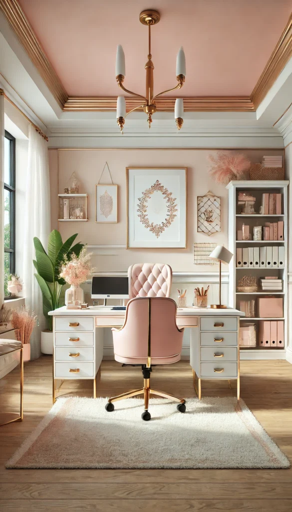 A chic and feminine professional office. The room features a white desk with gold accents and a stylish pink office chair. The walls are painted in a soft blush color, adorned with elegant wall art and decorative mirrors. There is a white bookshelf filled with books, plants, and decorative items. A cozy rug and a few throw pillows add comfort to the space. Large windows let in plenty of natural light, creating a bright and welcoming atmosphere.