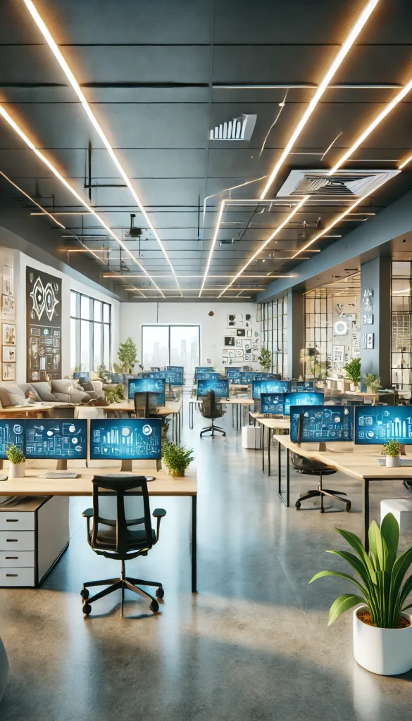 A modern tech startup office. The room features an open-plan layout with various workstations, each with sleek desks and ergonomic chairs. The decor includes tech-themed wall art and motivational posters. There is a communal area with comfortable seating and a coffee station. The room is brightly lit with LED lights and has large windows for natural light. Indoor plants are placed around the room, adding a touch of greenery to the tech-savvy environment.