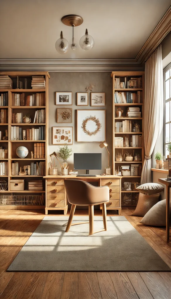 A cozy home office setup. The room features a wooden desk with a comfortable chair, surrounded by bookshelves filled with books and decor items. The walls are painted in a warm color, and there are family photos and personal mementos on the shelves. A large window lets in natural light, and there are curtains that add a homely touch. A soft rug and a few cushions create a comfortable and inviting workspace.