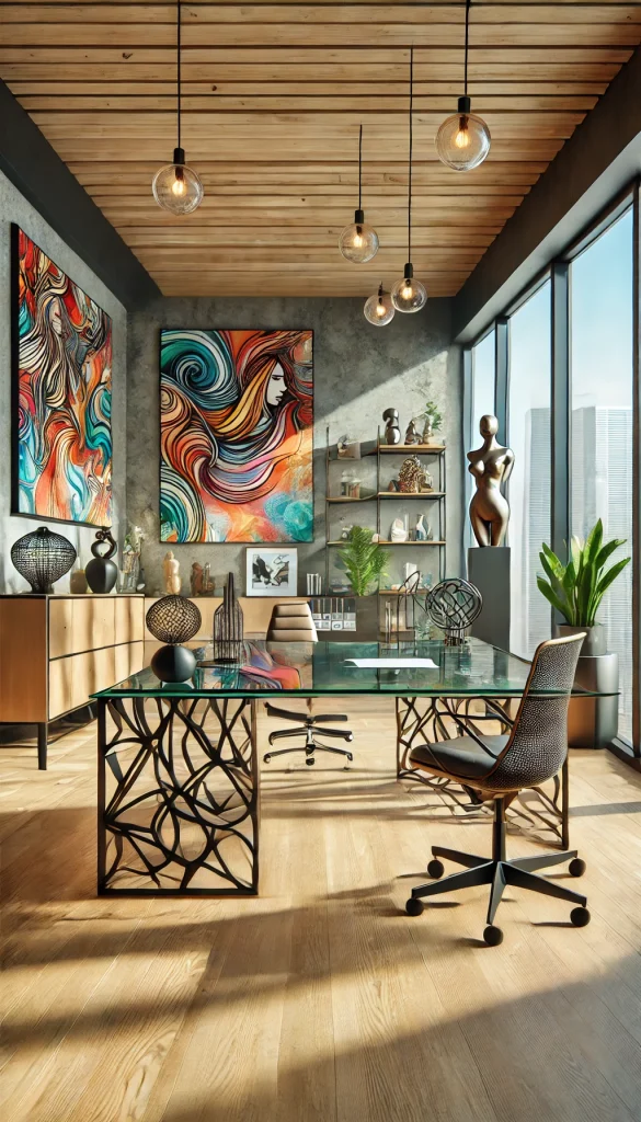 A modern office with an artistic flair. The room features a unique desk with a glass top and artistic legs, paired with a designer chair. The walls are decorated with colorful abstract paintings and creative wall decor. There are several sculptures and art pieces displayed on shelves. Large windows allow natural light to enhance the vibrant atmosphere. Indoor plants and stylish light fixtures add to the creative and inspiring environment.