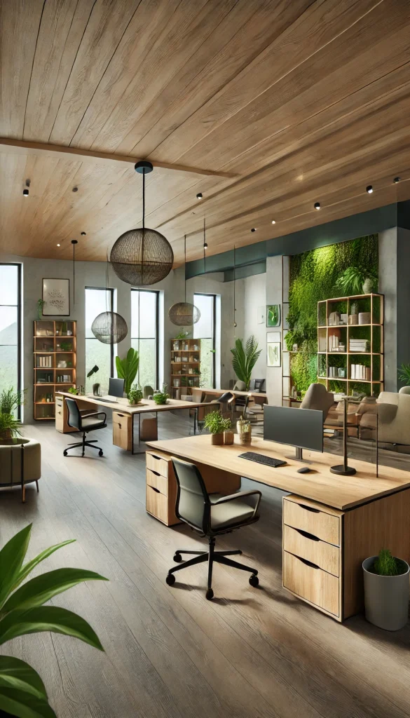 A contemporary office with eco-friendly design. The room features sustainable wooden furniture, including a desk and shelves made from reclaimed wood. The walls are painted with eco-friendly paint, and there are several plants and green walls that improve air quality. The office has energy-efficient lighting and large windows for natural light. The decor is minimalistic, with a focus on functionality and sustainability.