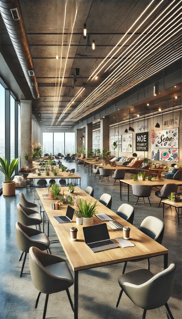 A modern coworking space with an open layout. The room features several long tables with multiple chairs, each workstation equipped with a laptop and office supplies. The walls are decorated with motivational quotes and modern art. There is a coffee station in one corner and comfortable lounge seating for casual meetings. Large windows allow plenty of natural light to fill the space, and indoor plants add a touch of greenery. The atmosphere is vibrant and collaborative.