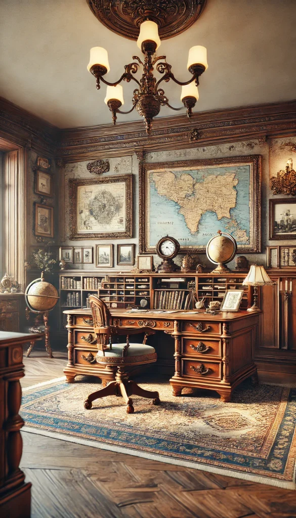 A vintage-style office with a touch of elegance. The room features antique wooden furniture, including a large desk with intricate carvings and a classic chair. The walls are adorned with vintage maps and old photographs in ornate frames. There are bookshelves filled with old books and decorative items. A vintage globe and an antique clock add to the historical feel. The room is softly lit with a chandelier, creating a warm and inviting atmosphere.