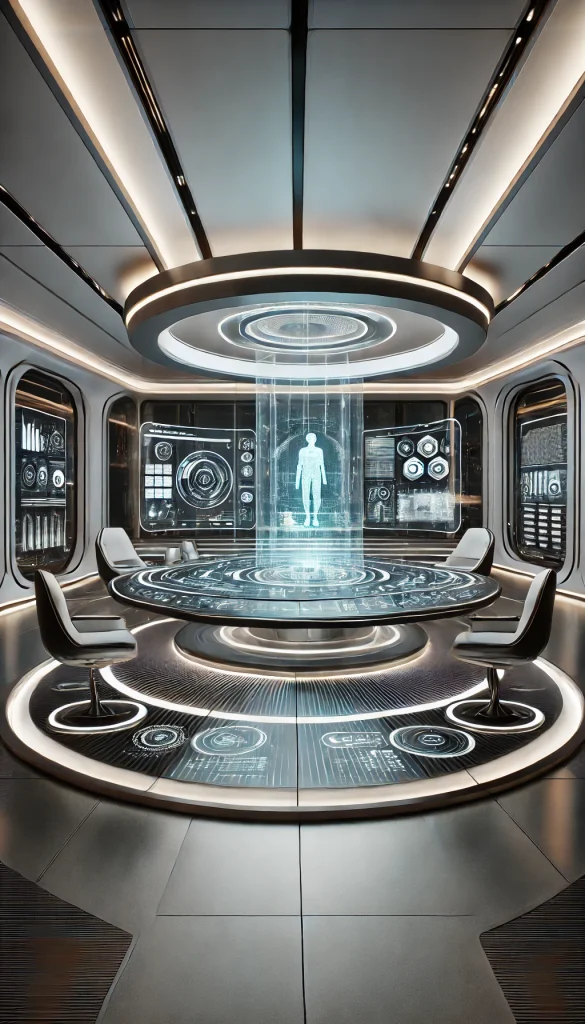 A high-tech futuristic office. The room features sleek, curved furniture with built-in screens and touch controls. The walls are made of smart glass that can change opacity and display information. There is a large holographic display in the center of the room for presentations and meetings. The lighting is adjustable with LED strips, and there are advanced gadgets and devices on the desk. The floor is a smooth, reflective surface, and the overall design is ultra-modern and cutting-edge.