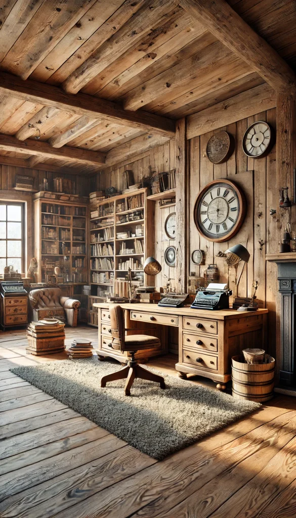A rustic office with a cozy feel. The room features wooden furniture with a natural finish, including a sturdy desk and a comfortable chair. The walls are paneled with reclaimed wood, and there are vintage decor items like an old typewriter and a rotary phone. A large fireplace adds warmth to the room. There are shelves filled with books and rustic decorations. A plush rug covers the wooden floor, and large windows let in natural light, creating a warm and inviting atmosphere.