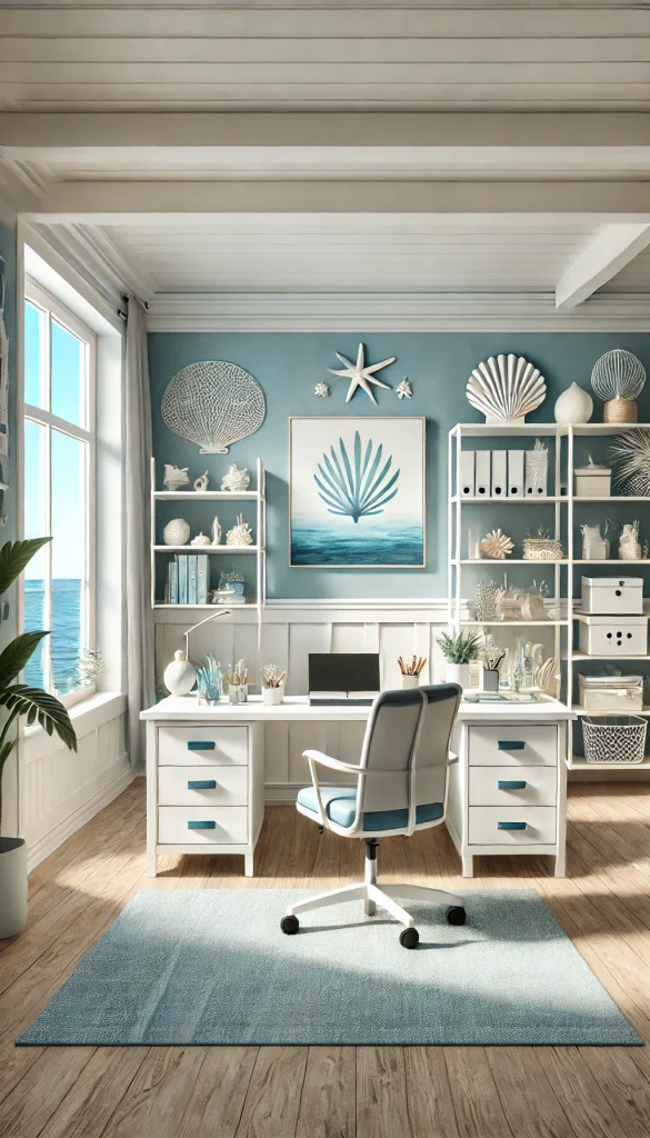 A professional office with a coastal theme. The room features a white desk with blue accents, paired with a comfortable office chair. The walls are painted in a soft blue color, adorned with coastal artwork and seashell decorations. There are white shelves filled with books, decorative items, and plants. A large window provides a view of the ocean, and natural light fills the room. The overall atmosphere is calm and refreshing, perfect for a productive work environment.