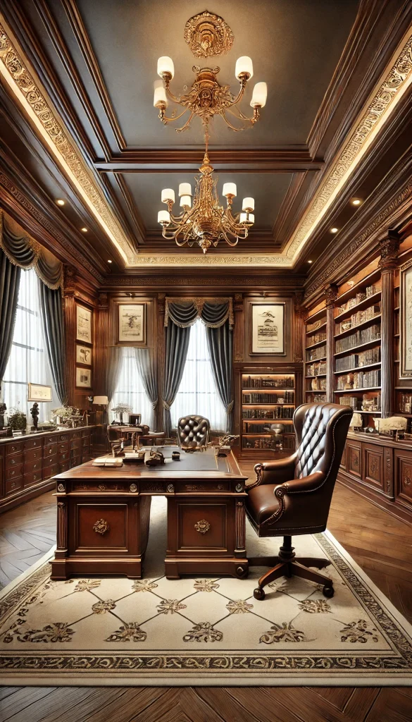 A luxurious executive office with a classic design. The room features a large mahogany desk with a leather chair. The walls are lined with dark wood paneling and adorned with framed certificates and classic artwork. There are floor-to-ceiling bookshelves filled with books and decorative items. A grand chandelier hangs from the ceiling, providing elegant lighting. Large windows with heavy drapes let in natural light, creating a sophisticated and formal atmosphere.